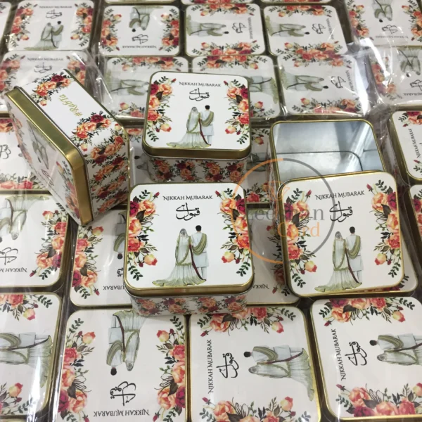 Floral Square Tin Box With Couple Design