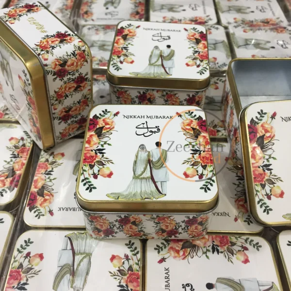 Floral Square Tin Box With Couple Design