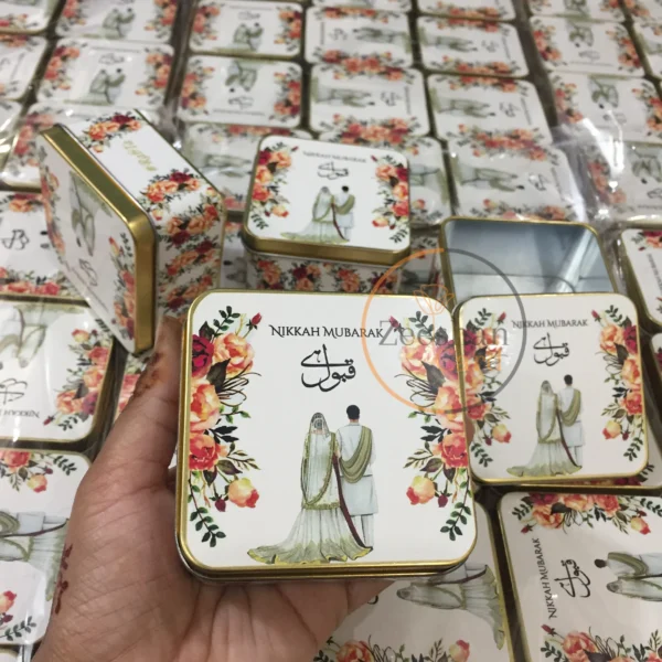 Floral Square Tin Box With Couple Design