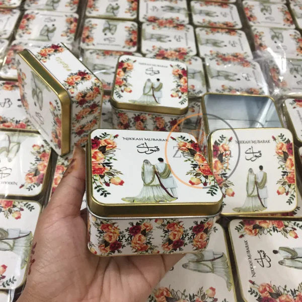 Floral Square Tin Box With Couple Design