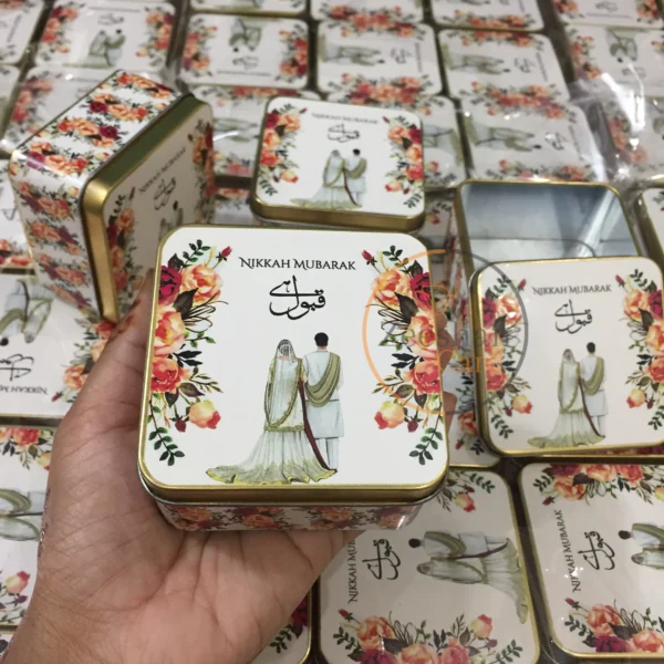 Floral Square Tin Box With Couple Design