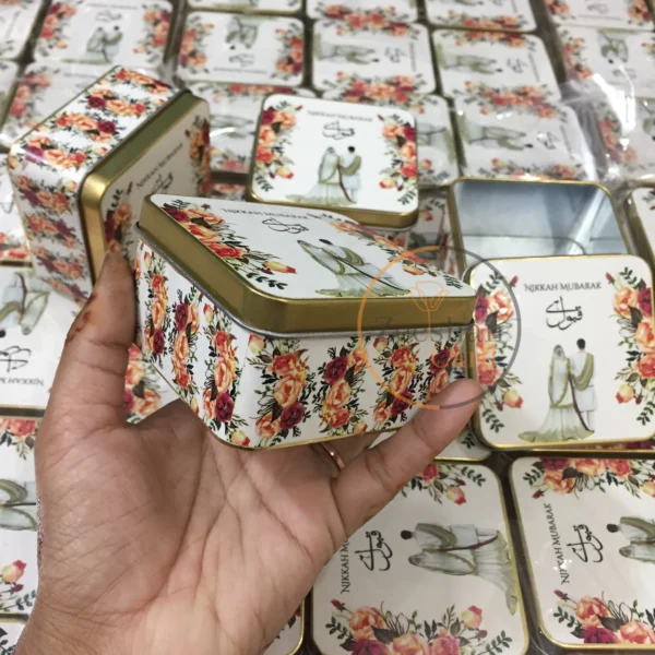 Floral Square Tin Box With Couple Design