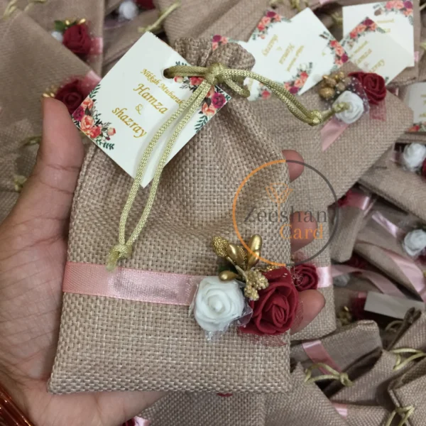 New Flower Design Jute Pouch With Tag