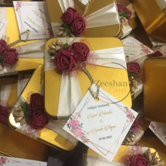 Mahroon Flower Tin Box With Ribbon And Tag